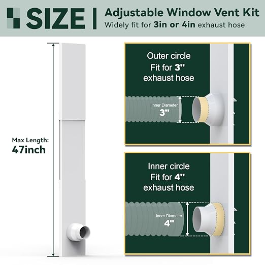 Flehomo Window Vent Kit for 3" and 4" Diameter Hose, Include Vent Cover with Self-Closing Flaps, Adjustable Window Vent Kit for Exhaust Hose of 3D Printer, Laser Engraver and Dryer