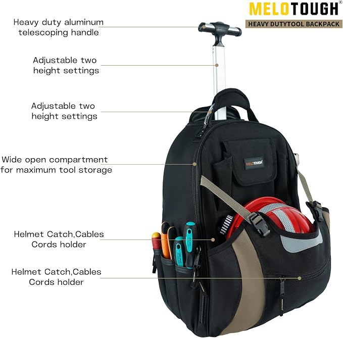 MELOTOUGH Wheeled Rolling Tool Backpack – Heavy-Duty Tool Bag with Wheels, 26-Pocket Organizer for Electricians, Carpenters, HVAC & Welders (Khaki)
