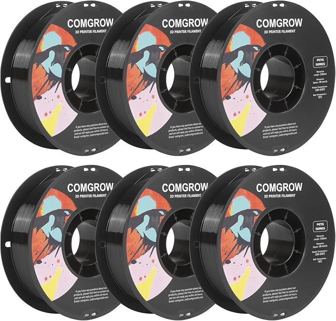 Comgrow PETG 3D Printer Filament 1.75mm, High Precision and Tough 3D Printer Filament 6 Rolls*1kg, Dimensional Accuracy +/- 0.02 mm, Fit Most 3D Printers Black