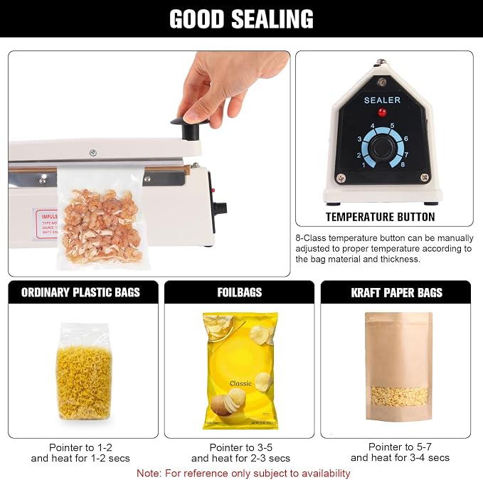8 Inch Commercial Impulse Bag Heat Sealer Machine | Compact portable heavy duty manual heat sealer with 3mm strip. Solid aluminum build for PE/PP, coffee & snack food bags.