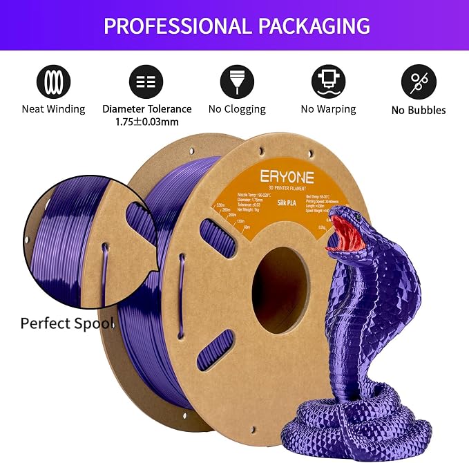 ERYONE Silk PLA Filament for 3D Printer 1.75mm +/- 0.03mm, Shiny Filament 1kg (2.1lbs)/Spool, Dark Purple