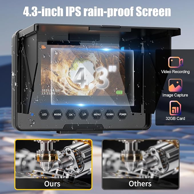 Sewer Camera, 100 ft/30 m, 4.3" Pipe Drain Inspection Camera with DVR Function and 12 Pcs LED Lights, IP68 Waterproof 23 mm Industrial Endoscope, Meter Marker, Included 32GB Card