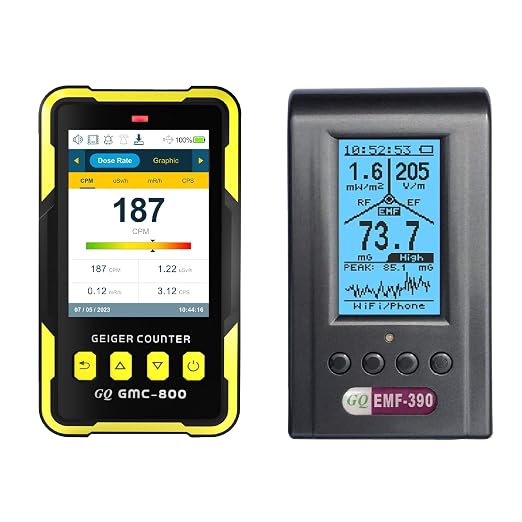 Bundle of GQ 800 USA Design Product US National Standard Large Color LCD Display 5 Alarm Types Dosimeter and GQ EMF-390 Multi-Field Electromagnetic Radiation 3-in-1 EMF ELF RF Meter