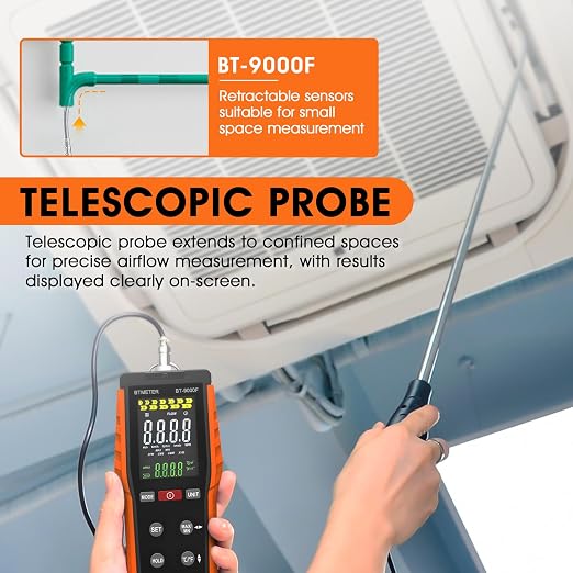 BTMETER Hot Wire Anemometer - CFM/CMM Handheld Wind Speed Meter, Airflow Meter Measure 0.2~67Mph, Thermal Anemometer with 360° Revolve Telescopic Probe & LCD Backlight for HVAC Duct Air Vent BT-9000F