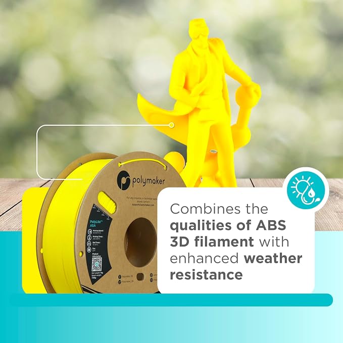 Polymaker ASA Filament 1.75mm Yellow, 1kg ASA 3D Printing Filament, Heat & Weather Resistant - ASA 3D Printer Filament Perfect for Printing Outdoor Functional Parts