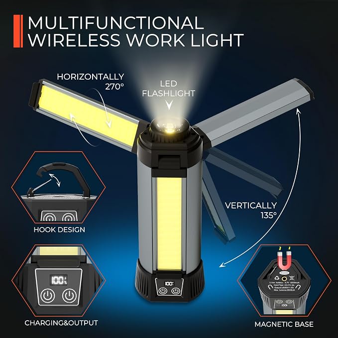 Rechargeable Work Light with Stand, Magnetic Base, Hook & Tripod (Middle) | 6000mAh battery, Telescopic tripod, Magnetic base, Hanging hook, 3 metal floor spikes, Storage bag, Camping