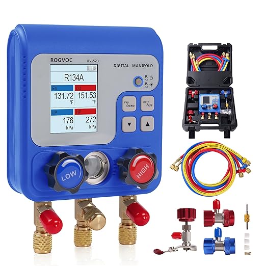 Digital Manifold Gauge Set, HVAC Pressure and Air Tightness Test Gauges, Refrigerant AC Gauges with 3 Hoses, for R22/R410A/R134A Refrigerant Recharge Kit