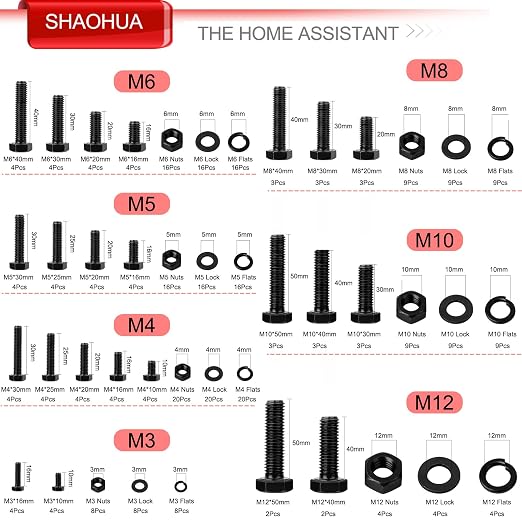 M3 M4 M5 M6 M8 M10 M12 Metric Bolt Assortment, Grade 8.8 Carbon Steel Hex Head Nuts and Bolts Assortment Kit, Hex Head Screw Bolt, Nuts, Flat & Lock Washers, Black, 328PCS