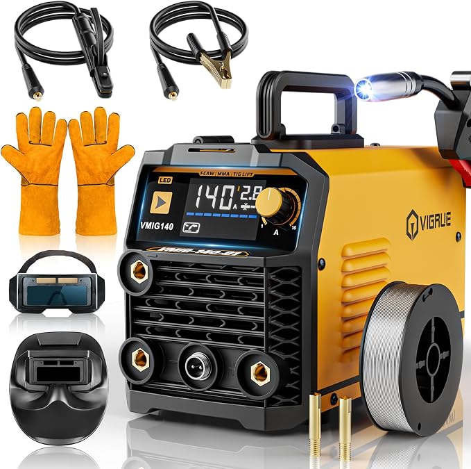 VIGRUE 140A MIG Welder, 110V Flux Core/Stick/Lift MIG 3 in 1 Welding Machine with Large Digital Screen Display & Welding Mask & Gloves