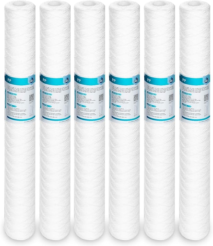 Membrane Solutions 10 Micron 2.5" OD x 20" Length String Wound Sediment Polypropylene Replacement Water Filter Cartridge - 6 Pack