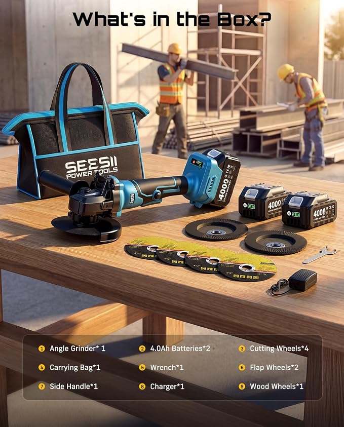 SEESII Angle Grinder Cordless 21V, 9500RPM Battery Grinder Tool, Brushless Motor, 2X 4.0Ah Batteries, Lightweight Design, 4-1/2 inch Power Electric Grinder Kit for Metal Cutting, Grinding