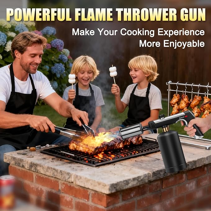 Torch Gun with One-Touch Max Fire, Flame Thrower with Safety Lock, Blow Torch Gun for BBQ, Grill, Charcoal Lighter, Cooking Flamethrower for Camping, Outdoors (Tank Not Included)