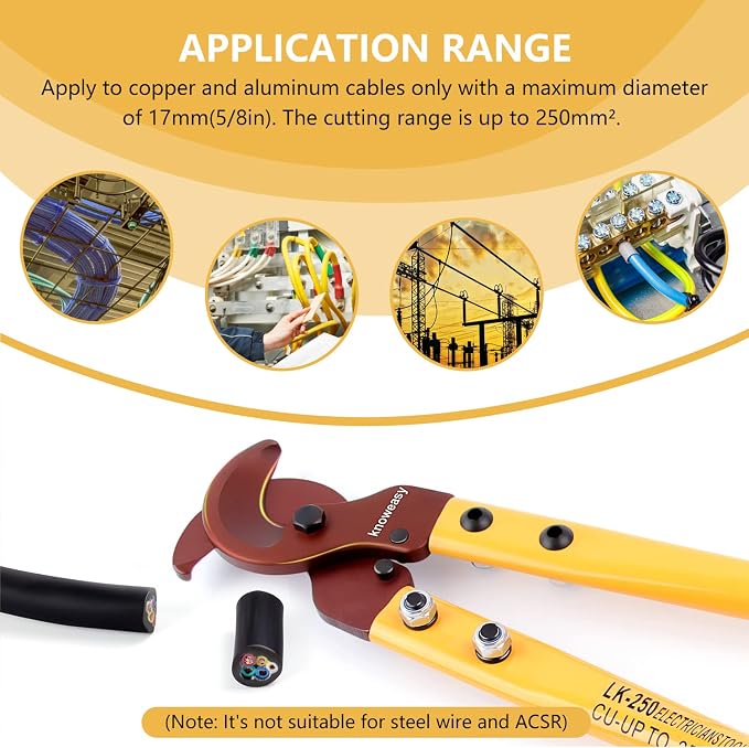 Cable Cutter,Knoweasy LK-250 Wire Rope Cutter and Heavy Duty Wire Cutter with Long Labor Saving Arms for Copper Aluminum Wire up to 250mm²