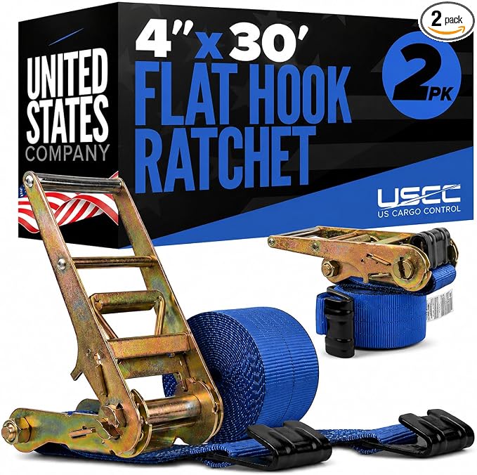 US Cargo Control Flat Hook Ratchet Straps 4” x 30’ (2-Pack), 5,400 LBS Working Load Limit, Blue 4 Inch Ratchet Straps with Black Flat Hooks, Professional 4 Inch Straps for Flatbed Trailers