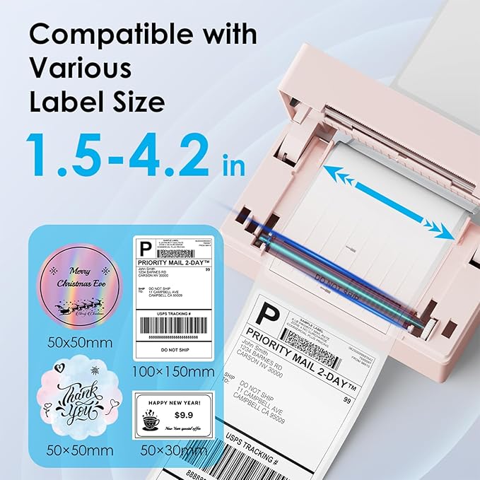 KNAON Bluetooth Thermal Shipping Label Printer, 4x6 Portable Thermal Address Label Printer for Small Business, Compatible with iPhone,Android,Windows,Mac,–Works with Etsy Shopify USPS&More, Pink