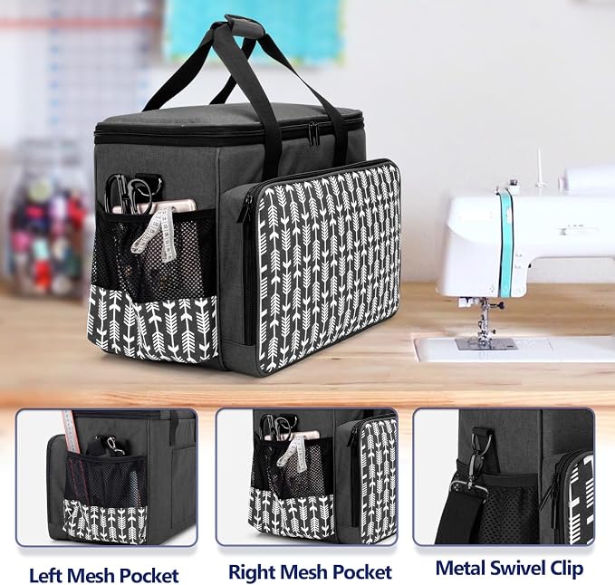 Yarwo Sewing Machine Carrying Case with Thicken Bottom Board, Universal Sewing Machine Tote Compatible with Most Standard Sewing Machine and Accessories, Black with Arrow