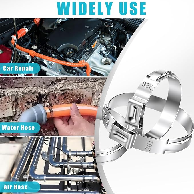 310pcs 16 Sizes Single Ear Hose Clamps, 5.3-36.1mm 304 Stainless Steel Crimp Hose Clamps,Cinch Rings Assortment Kit for Automotive, Pipe, Plumbing, Home Appliance Line with Ear Clamp pincer