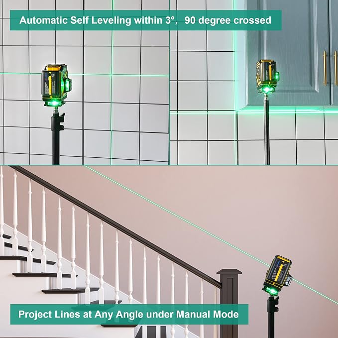 Floor Laser Level Self Leveling,3x360 Horizontal Vertical Cross Line laser, 3D Green Beam Squaring Alignment for Tiling Floor Wall Ceiling with 2 Lithium Batteries