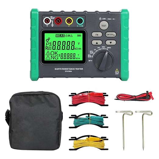 DUOYI Earth Ground Resistance Tester 0.03-2000Ω Soil Resistivity Meter,Upgraded Earth Resistance Tester Auto Measurement 600V AC Ground Voltage Meter with 6pcs 1.5V Batteries,Tool Bag