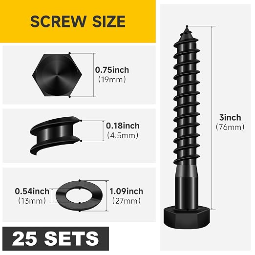 Mywish (25Sets) 1/2" x 3" Lag Bolts, 304 Stainless Steel 1/2 inch Lag Screws Bolts for Wood, Heavy Duty Hex Head with Flat Washers Bolt Kit, Black Oxided