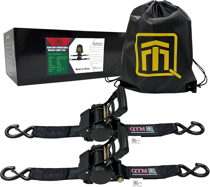 QTM Heavy Duty Retractable Ratchet Straps - 2 Inch X 10Feet, 4,400lbs Breaking Strength - Truck, Cargo Trailer, Motorcycle Tie Down Straps - 2 Pack with Bag (Black)