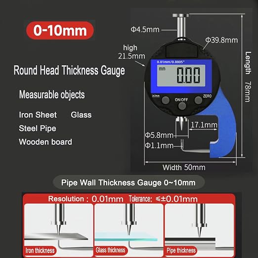 Digital Thickness Gauge Thickness Measuring Indicator | Measuring Range 0-10mm0.0005''/0.01 mm with LCD Display Thickness Gauge , for Hollow Tubes, Round Tubes(JT)