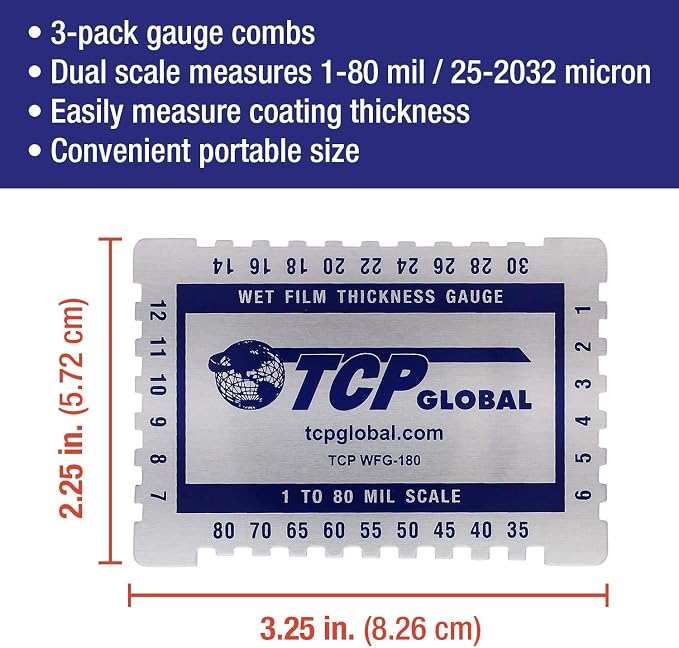 TCP Global Wet Film Thickness Gauge Comb, 1-80 Mil Scale, Step and Notched for Paints Resins (Pack of 3)