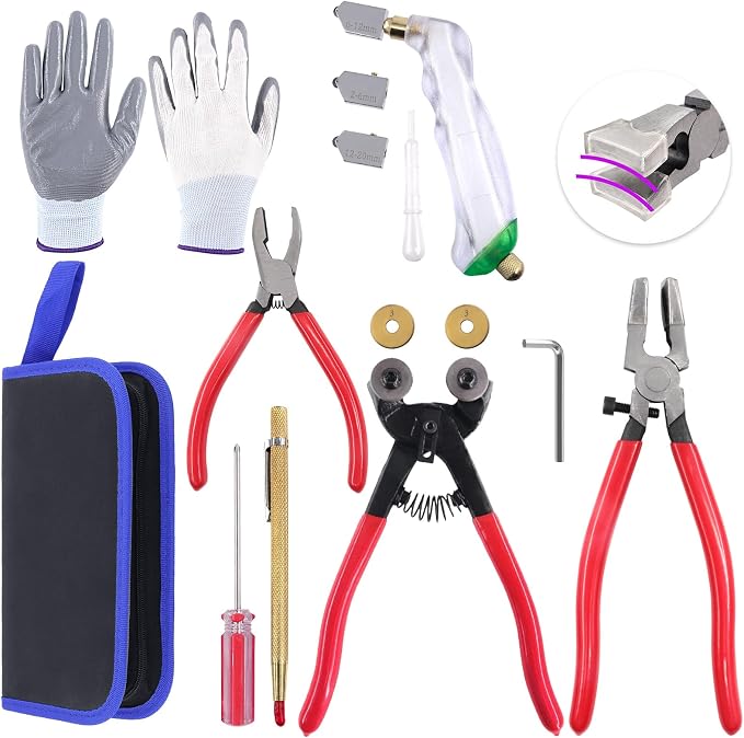 Swpeet 10Pcs Glass Cutter Tools Kit, Mosaic Wheeled Glass Tile Nippers, Glass Running Pliers, Breaker Grozer Pliers, Tungsten Carbide Tip Scriber, Grip Oil Feed Glass Cutter, Gloves, Zipper Bag