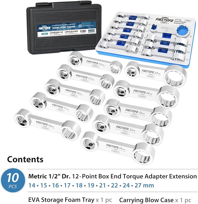 FIRSTINFO 10-Piece 1/2" Drive Metric 12-Point Box End Torque Adapter Set | 14-27mm sizes • 3 in center-to-center length • CR-V steel • Blow-mold case & tray • Made in Taiwan