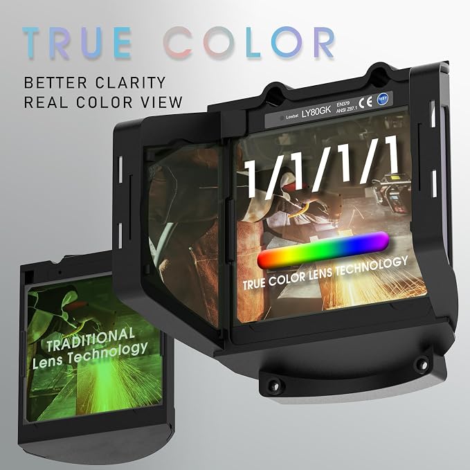 YESWELDER Panoramic Three Sides Auto Darkening Welding Helmet with 6 Arc Sensors, Blue Light Blocking, 1/1/1/1 True Color, Type-C Charging, Wide Shade for TIG MIG ARC Cut Grind Welder Hood Mask