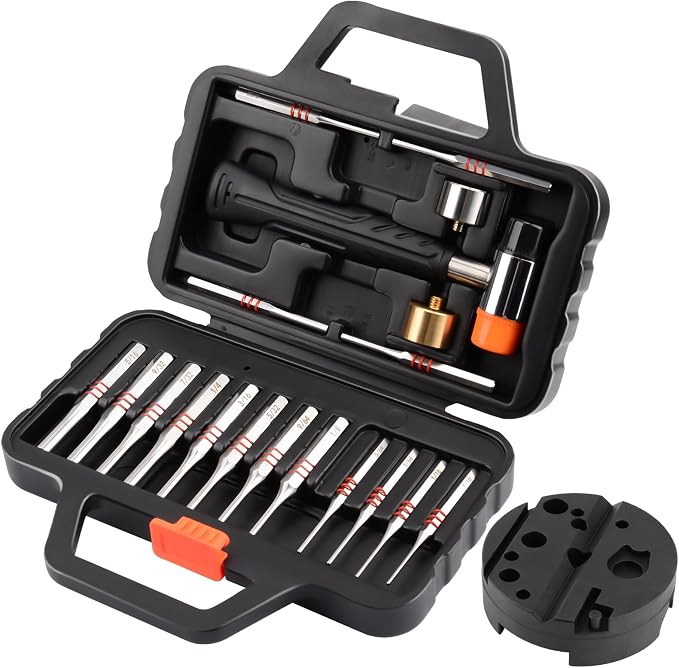 Pridefend Punch Set, Roll Pin Punch Set Made of Solid Material,Including Steel Pin Punch Set, Roll Pin Starter Punch and Hammer,with Organizer Storage Box (with Bench Block)