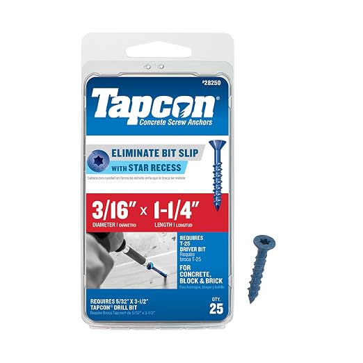 Tapcon 3/16 x 1-1/4 Inch Blue Climaseal® Star Head Concrete Anchors, 25 PCS, Corrosion Resistant Coating, Heavy-Duty Concrete and Masonry Screws, Superior Holding Strength, Drill Bit Sold Separately
