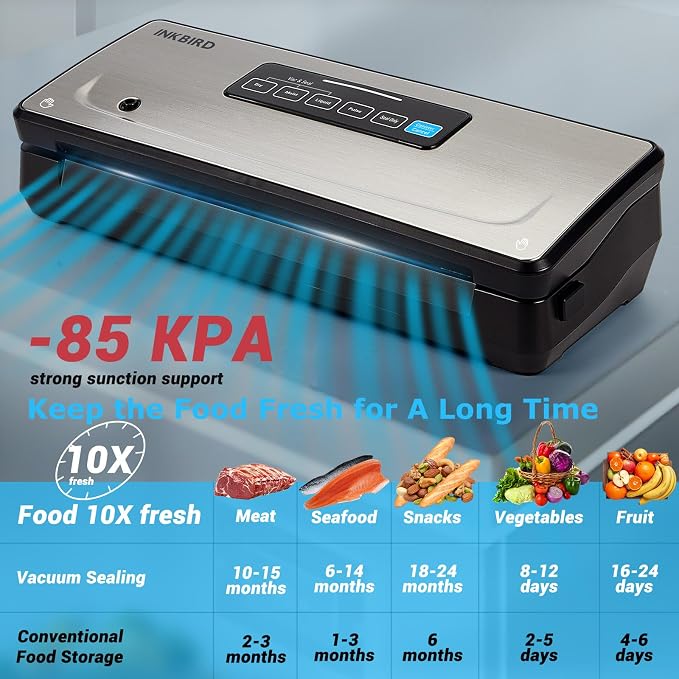 Vacuum Sealer Machine with 55 Count 8''*12'' Food Sealer Bags and 11''*118'' Vacuum Roll, INKBIRD Vacuum Sealing Machine with Dry|Moist|Liquid|Pulse Sealing Modes for Food Preservation
