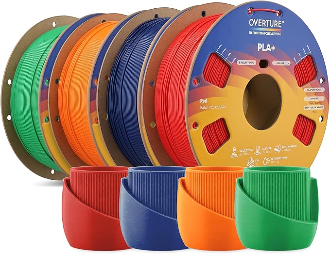 OVERTURE 4KG Bundle High Speed PLA+ 3D Printer Filament 1.75mm, Upgraded Rapid PLA 2.0 with Enhanced Toughness & Stability, 4 Pack 1kg Spool (2.2lbs) Fit Most FDM 3D Printers (Red+Blue+Green+Orange)