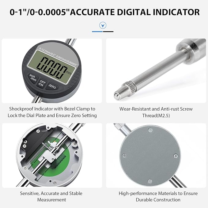 Disc Brake Rotor and Ball Joint Runout Gauge Set, Automobile Brake Disc Flatness Measuring Tool with 1'' by 0.0005'' Digital Indicator and 360 Deg Flexible Stem Holder Tight Grip Locking Vise