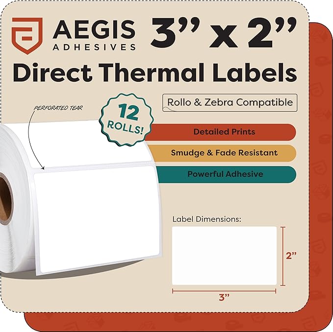 Aegis Adhesives - 3x2 inch Thermal Labels, Label Stickers for Address, Shipping & Postage - Perforated, Compatible with Rollo, Zebra, and Other Desktop Label Printers (12 Rolls, 700 Labels/Roll)