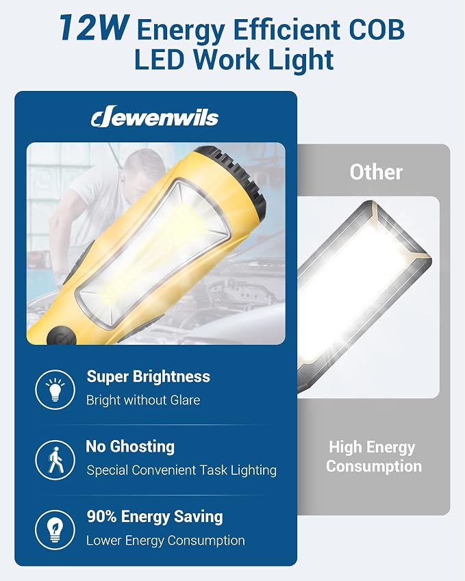 DEWENWILS 15ft &25ft Cord LED Work Light, 2000LM COB LED Trouble Light, Auto Mechanic Light, Strong Magnet, Swivel Hook, Build-in Outlet, Drop Light for Underhood, Garage, Car Repair