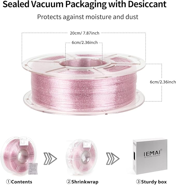 IEMAI Glitter Clear PETG Filament 1.75mm Pink 1KG, Sparkly Transparent Finish 3D Printer Filament Easy to Print for Lampshades, Home Decor & DIY Models