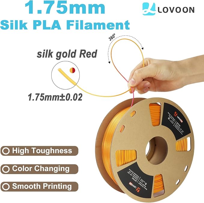 LOVOON 3D Printer Filament Dualcolor,1.75mm Silk PLA Filament Gold Red Dualcolors, Silky PLA Filament Most Printer and 3D Pen, 3D Printer Accessories,1KG(2.2lbs)/Spool