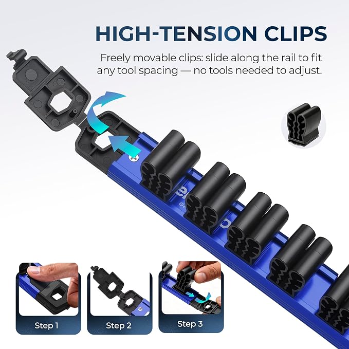 Reniteco Magnetic Screwdriver Organizer and Magnetic Wrench Organizer, Aluminum Rail Tool Holder, 12 Removable Clips, Fits Screwdrivers, Wrenches & Hand Tools, Dual Mount, Tools Not Included