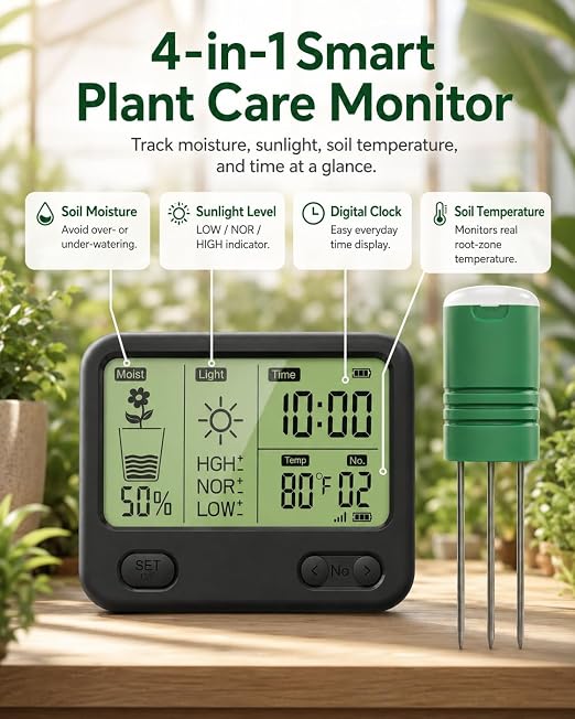 Soil Moisture Meter for Plants, 12-Zone Wireless Plant Water Meter, Soil Thermometer and Light Sensor, 4-in-1 TDR Tester, 230ft Range, IPX5 Waterproof for Indoor Outdoor Garden Lawn (Display+4 Sensor)