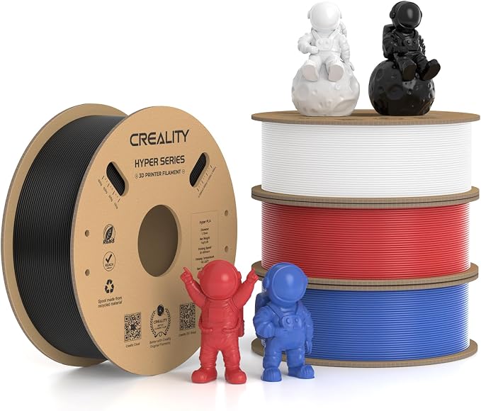 Creality Hyper PLA Filament 1.75mm, 30-600mm/s High Speed 3D Printer Filament, Dimensional Accuracy +/-0.02mm, Fit Most FDM 3D Printers, 4 Pack 1kg Spool(2.2lbs), Black & White & Blue & Red