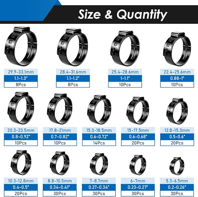 250Pcs 14 Sizes Single Ear Hose Clamp, 5.3-33.1mm 304 Stainless Steel Black Ear Hose Clamp Kit with Ear Clamp Pincer for Automotive, Plumbing, Fuel Line