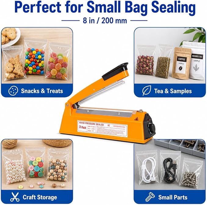 Impulse Heat Sealer with Seal bar, Heavy-Duty Bag Sealing & Cutting Machine, 2 Extra Replacements（Orange, 8inch）