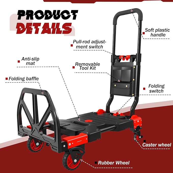 Folding Hand Truck, 2 in 1 Portable Heavy Duty Carrying Moving Dolly Cart with 4 Foldable Wheels and Retractable Handle Duty 330lbs (Red)