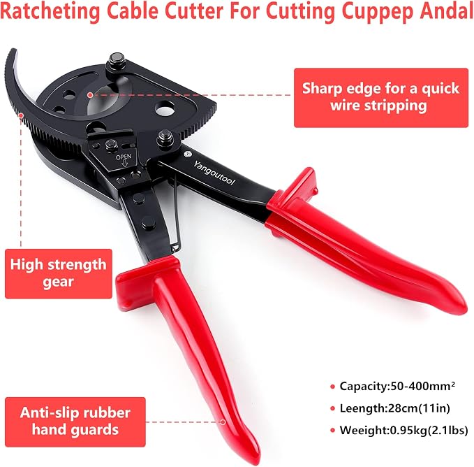 Yangoutool Ratcheting Cable Cutters up to 400mm² /Φ22.5mm/Φ0.89 inches Heavy Duty Aluminum Copper Ratchet Wire Cutter for Cutting Electrical Wire