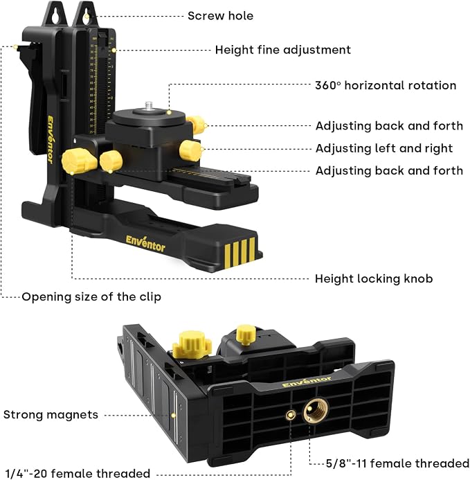 ENVENTOR Fine-tuning Bracket Laser Level Adapter, 1/4"-20 Male Threaded L-Shape Magnetic Pivoting Base with Adjustable Clip for Wall & Ceiling Mounted, 360° Adjustable Support, Height Adjustment