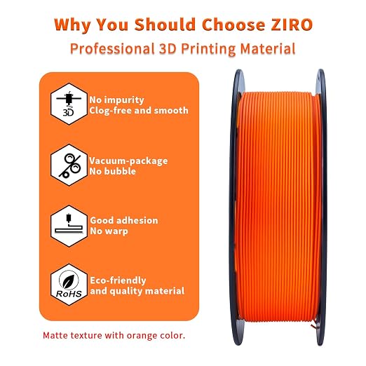 ZIRO Matte PLA Filament 1.75mm, Pure Color No-Shine 3D Printer Filament, High Toughness 3D Printing Material, Military Orange (Matte)