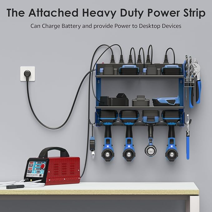 CCCEI Wall Mount Modular Tool Charging Organizer, Blue, 1 Pack, 3 Tier. | Drill Battery Storage Rack with Hooks, Garage Workshop, Gifts for Men, Dad, Husband Anniversary, Birthday, Christmas