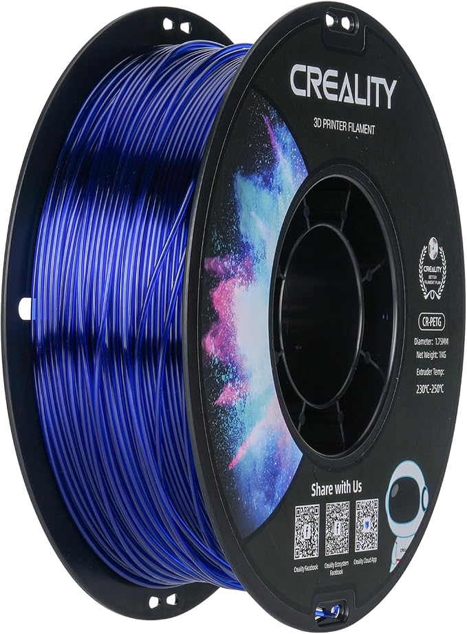 Creality PETG 3D Printing Filament 1.75mm, Excellent Toughness High Precision, Odorless Non-Toxic Moistureproof, 1kg(2.2lbs) Glossy PETG Filament for 3D Printer (Transparent Blue)